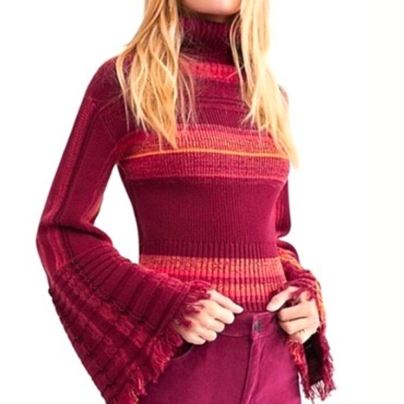Free People Close To Me Red Striped Cropped Sweater Cowl Bell Sleeve Ribbed Knit - Picture 1 of 5